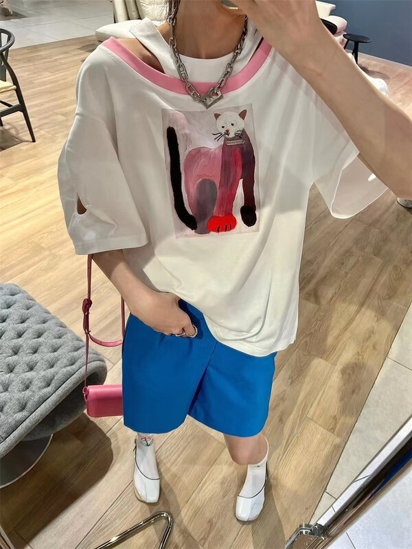 [big C studio] fake two-piece cat print short sleeve T-shirt ys1-1123\pcz