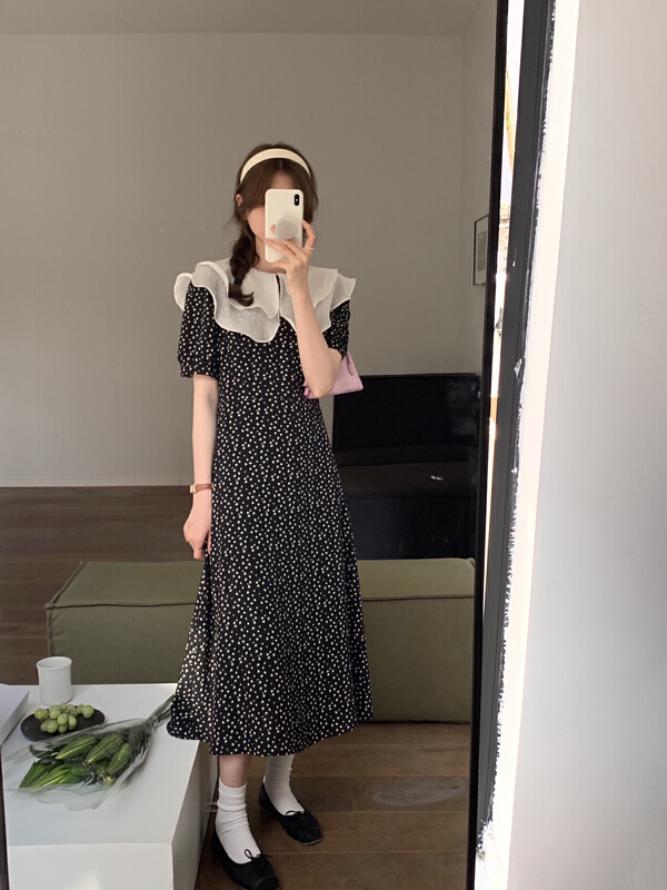 [the nice] Korean double layer lotus leaf collar polka dot dress a6078\hjy