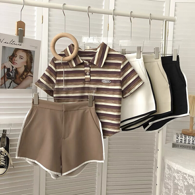[Gangan] contrast color bonded high waist elastic casual shorts 2229\cl
