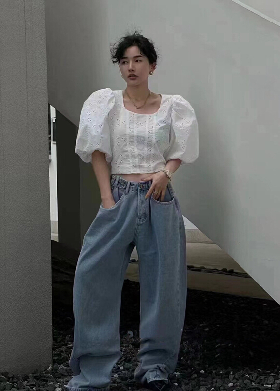 [MI] Korean customized hollow out flower bubble sleeve shirt 9749\pcz