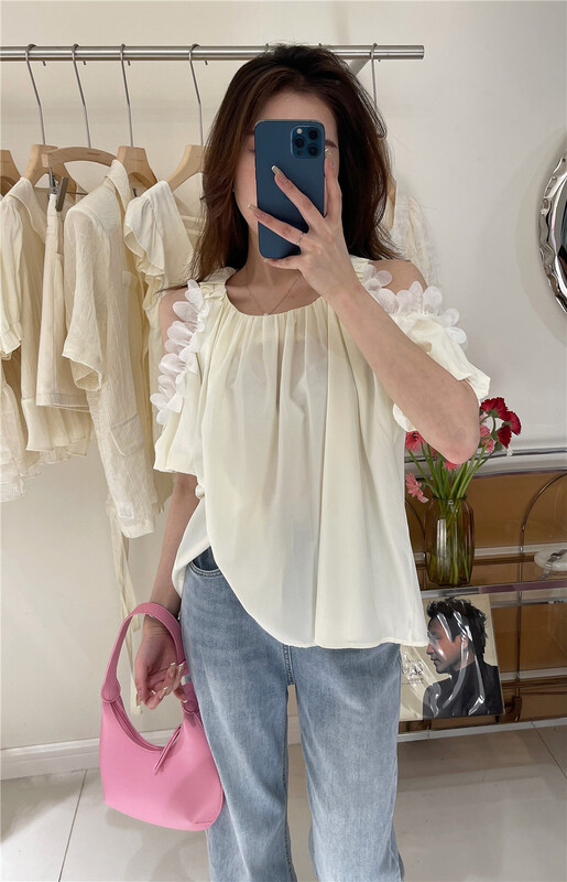 [Sunday morning] round neck off shoulder lace temperament shirt s6009\zjy