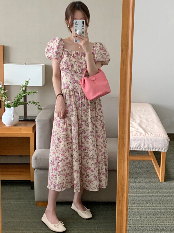 [Huaxi] floral square neck pleated waist dress (dress only) 9175\pcz