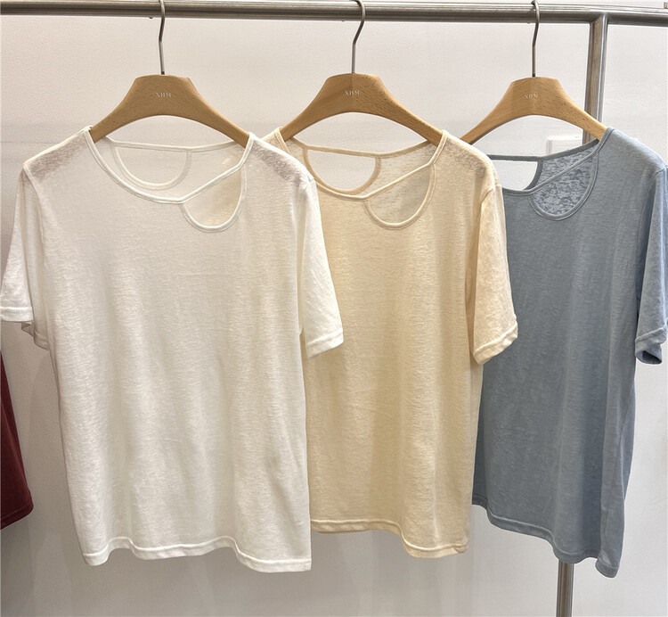 [xhm] design sense hollow out clear color short sleeve T-shirt ys1-866\zjy