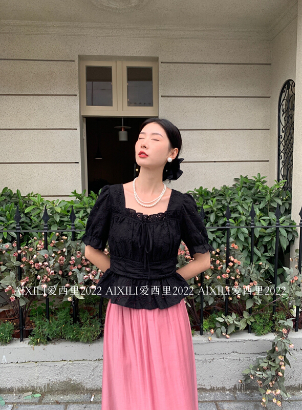 [aixili aixili] fresh and elegant temperament small women's shirt hollowed out 6683