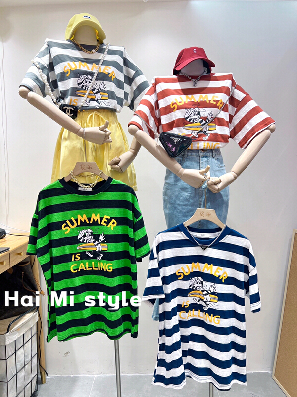 [Haimi] Korean hand printed loose stripe short sleeve T-shirt 1907\wtt