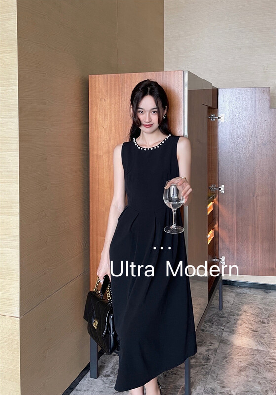 [um micron] retro elegant imitation pearl round neck vest dress 66330\hjy