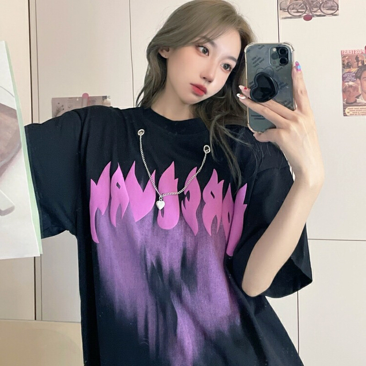 [j.2] Unisex casual loose print large short sleeve T-shirt (with removable chain) 2231\lsw