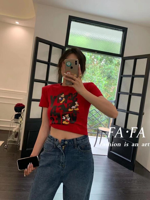 [fox] open back stretch Mickey print Pullover short sleeve T-shirt a183\wtt