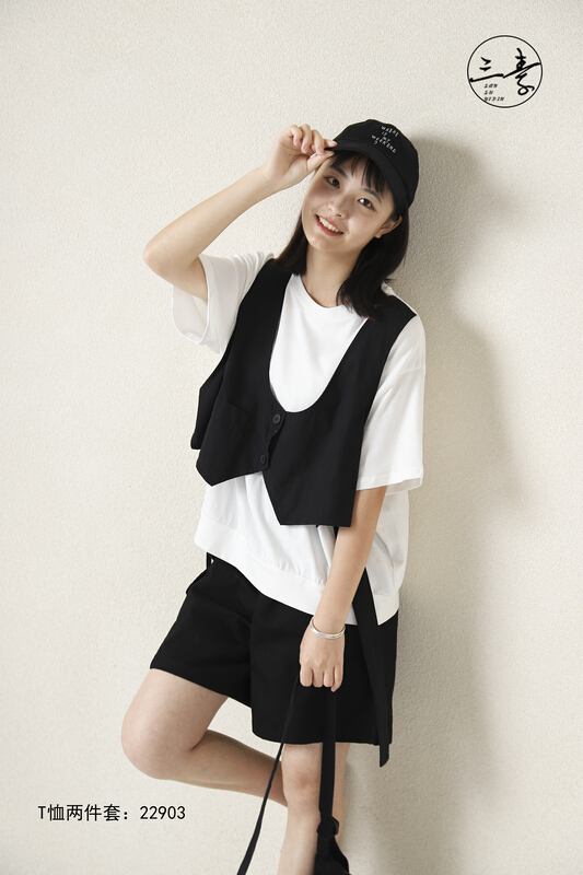 Original price 84.60! [original three plain clothes] casual literary and artistic style fake two short sleeve T-shirts 22903\xyj
