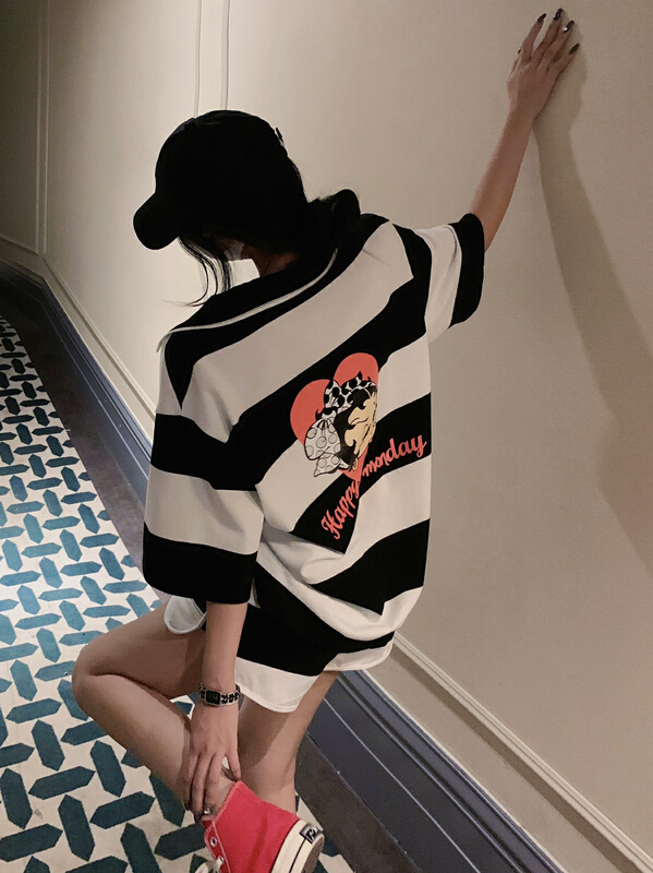 [JH] new net red stripe cartoon short sleeve + casual stripe shorts suit (only suit) 41804\pcz