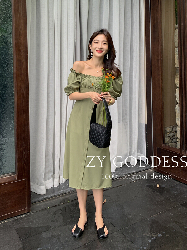 【 ZY 】 two wearing bubble sleeves with a slim waist dress French off shoulder 68553\ozq
