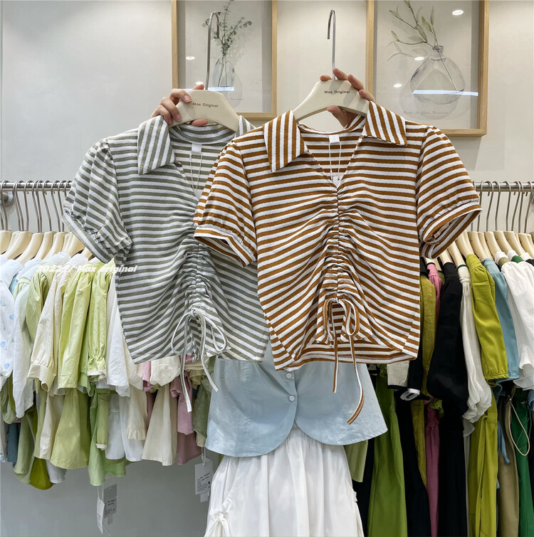 [Max original] casual drawstring stripe short sleeve T-shirt 98328\hbx