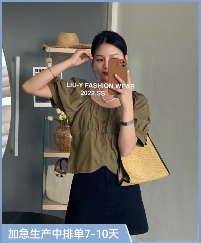[liu.y] Korean version square neck bubble sleeve shirt 6215\zjy