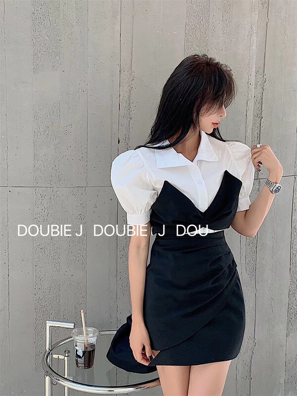 [double.j] color blocked pullover shirt + high waist slim skirt set 1869\pcz