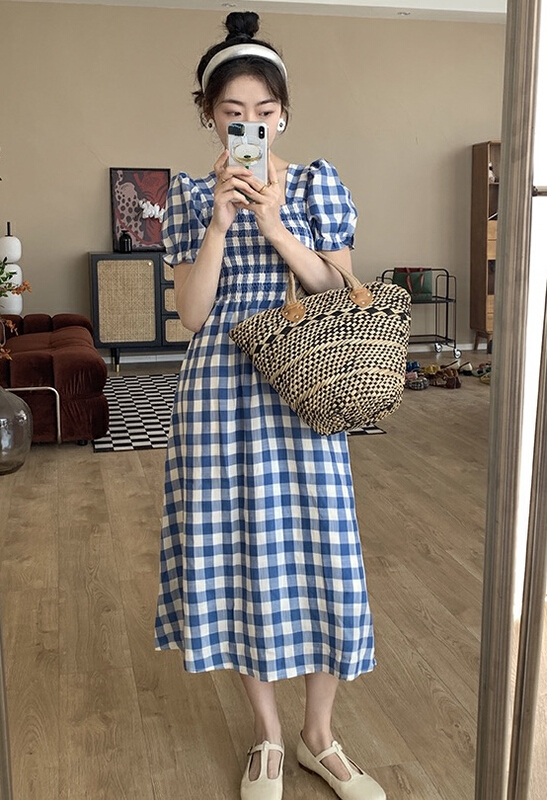 [JH] new net Red Lantern Sleeve Plaid Dress 41817\pcz