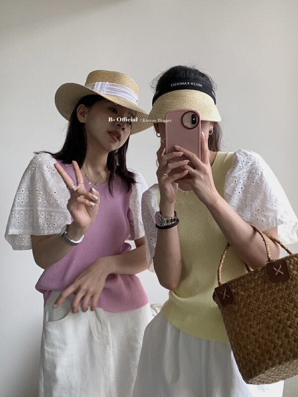 In early summer! [B plus] Korean embroidery lace splicing short sleeve T-shirt 22-9221-2\hbx