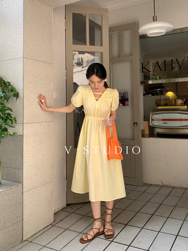 [v.studio] short sleeve solid color Pleated Dress 5253\zjy