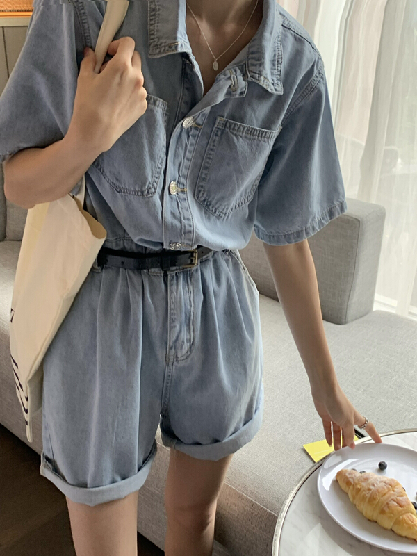 【 meet me 】 wash Korean Short Sleeve Jumpsuit (with belt) 10067\ll
