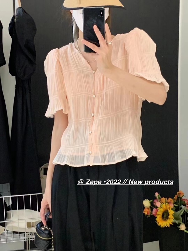 [Ze] V-neck single breasted fresh and simple shirt 8693\ll