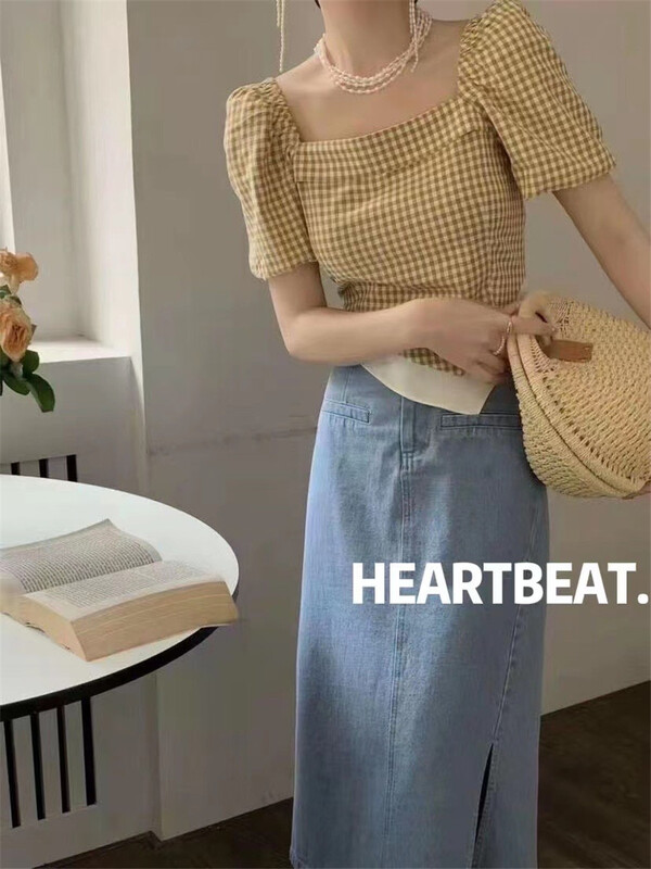 [hearteat] square neck Bubble Sleeve Plaid Shirt (only for small shirts) 592\zjy