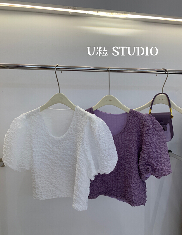 [U grain] Korean solid color pleated bubble sleeve short shirt 6132\hbx