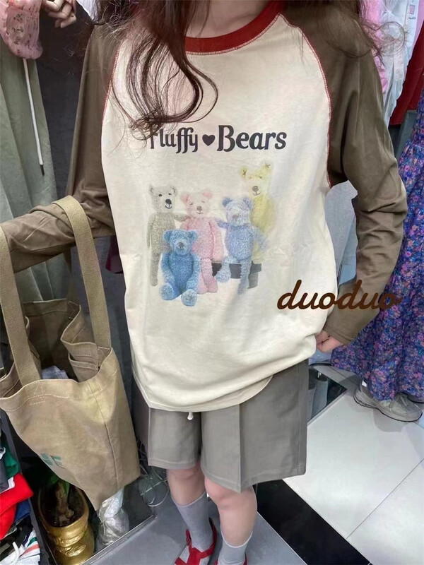 [yoyo style] contrast bear print loose long sleeve T-shirt 8584\xyy