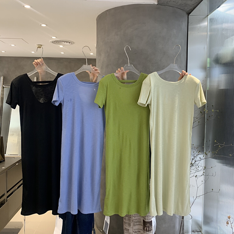 [in.choose u] side slit slim fit solid color slim long short sleeve T-shirt 66273\cqw