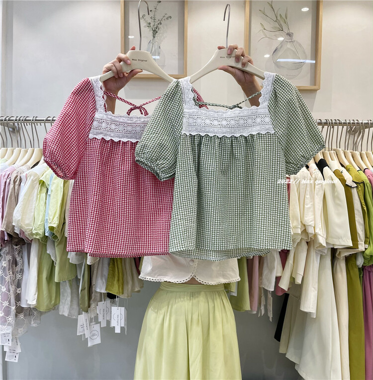 [Max original] square neck sweet lattice lace up shirt 98363\hbx