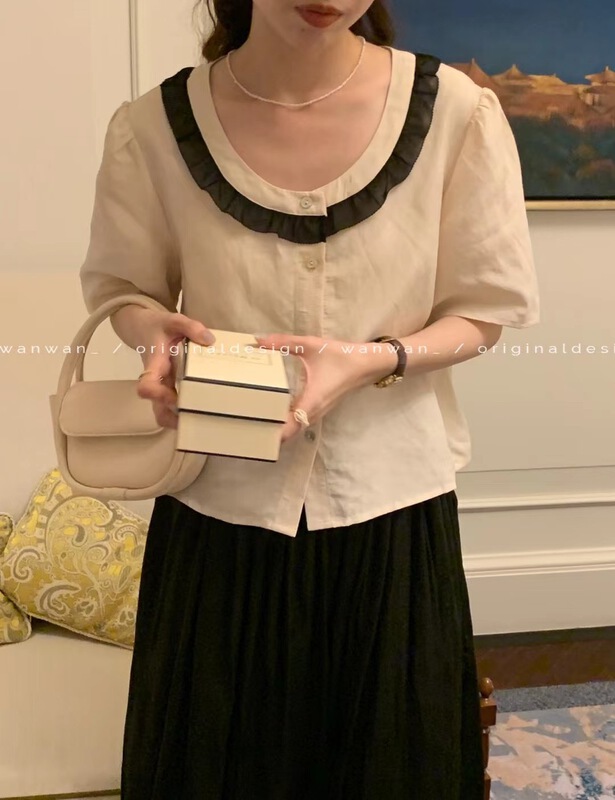 [wanwan] crew neck contrast single breasted shirt 6753\hbx