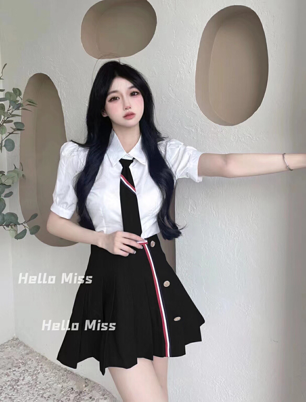 [Hello Miss] bubble sleeve tie shirt + pleated skirt suit (with tie) (suit only) 0699\pcz