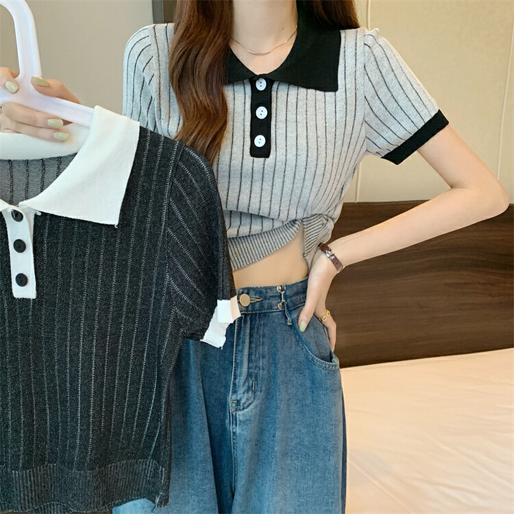 [f · P] Western style Lapel half open chest pit strip thin sweater 0239\hbx