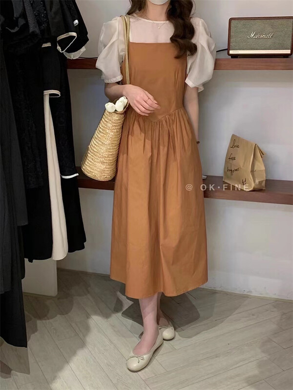 [OK fine] Korean style waist closing versatile suspender dress (excluding interior) 8008\zjy