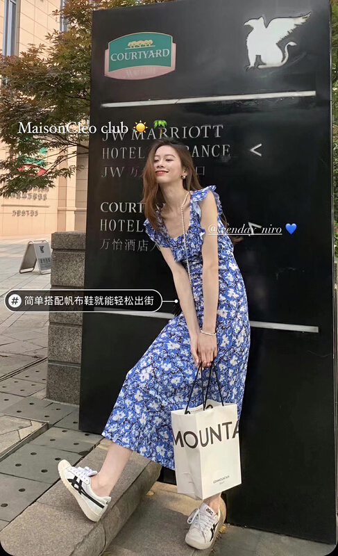 [wgwe] French floral bandage slit minority sleeveless Chiffon Dress 1970\pcz