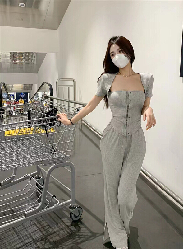 [JH] chain short sleeve shirt + Elastic Waist Wide Leg casual pants set (with chain) 41861\pcz