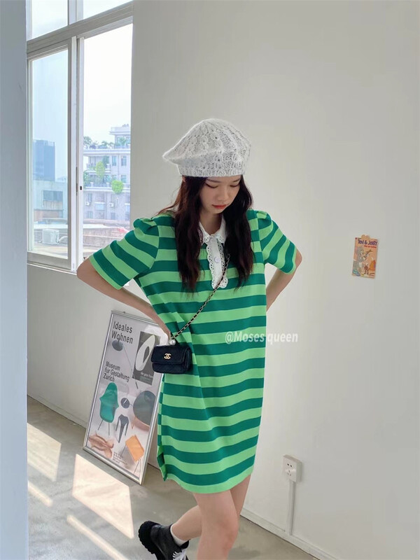 [moss queen] Korean polo collar lace stripe dress 50323\xyy