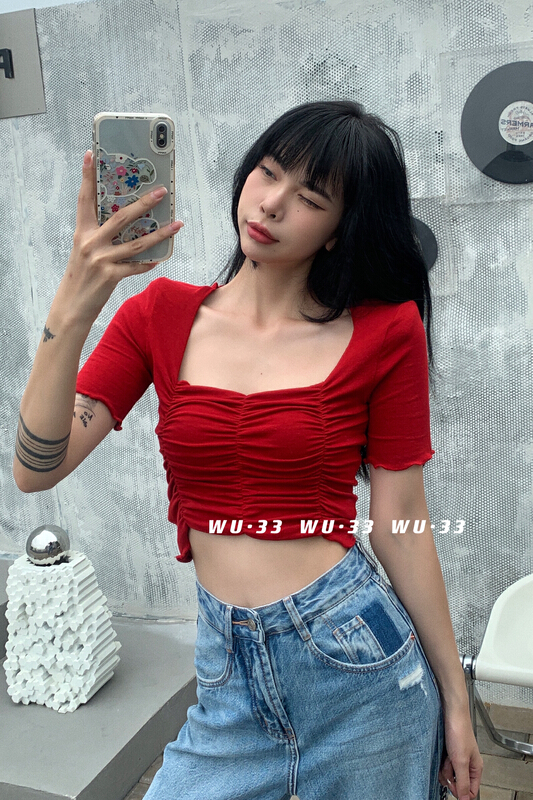 Main push 10 colors! [wu.33] shorts pleated square neck short sleeve T-shirt 22361\wtt