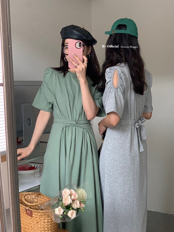 [B plus] round neck design Vintage Dress (with belt) 22-9434-2\hbx