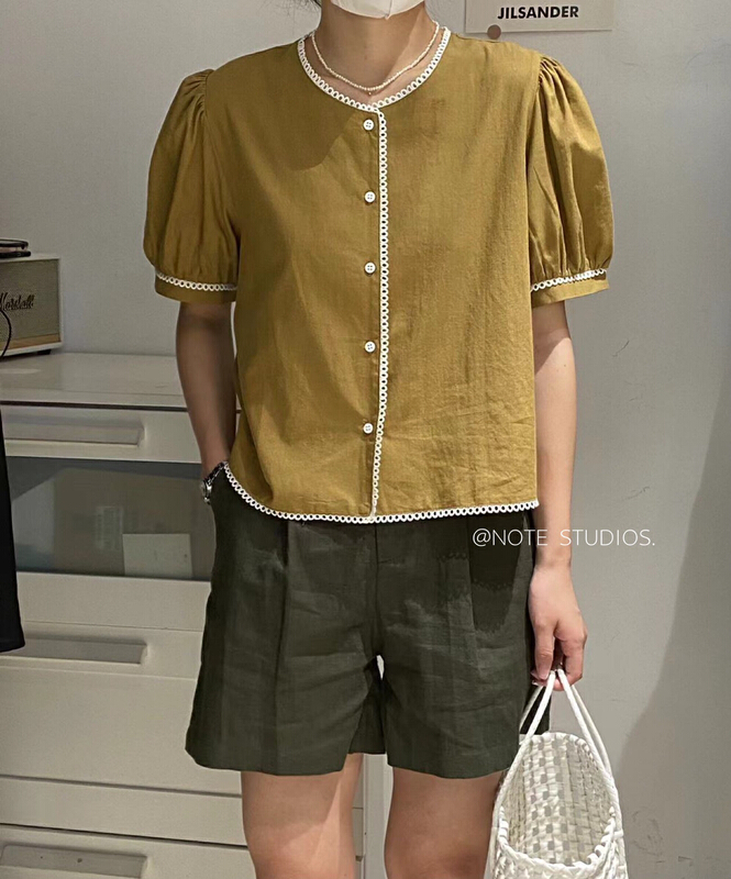 [note] hemp cotton splicing lace design shirt 22535\hbx