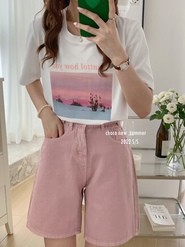 [choco] Korean oil painting landscape hot stamping short sleeve T-shirt 8348\hbx
