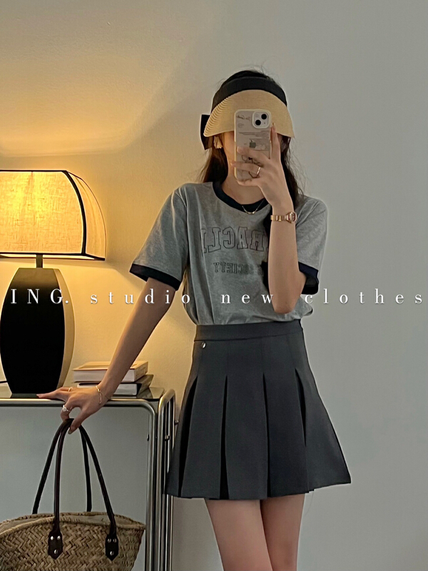 [ing] Korean basic versatile contrast letter short sleeve T-shirt 7853