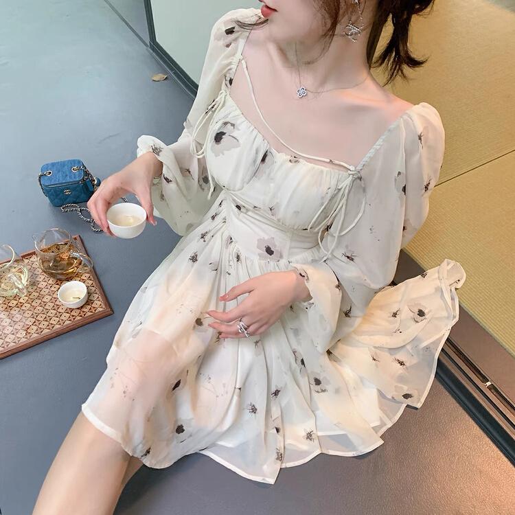 [Amanda] floral bubble sleeve slim dress 9656\pcz