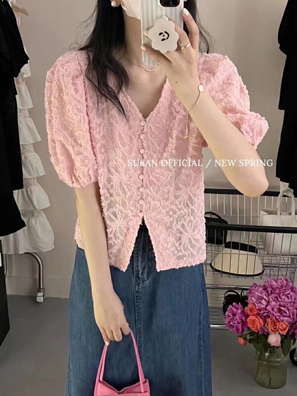 [Susan] V-neck single breasted fashion long sleeve T-shirt 18595\lsw