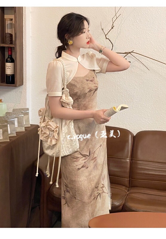 [c.vogue] retro temperament improved split waist cheongsam + stand collar shawl small shirt set ys1-3813\pcz