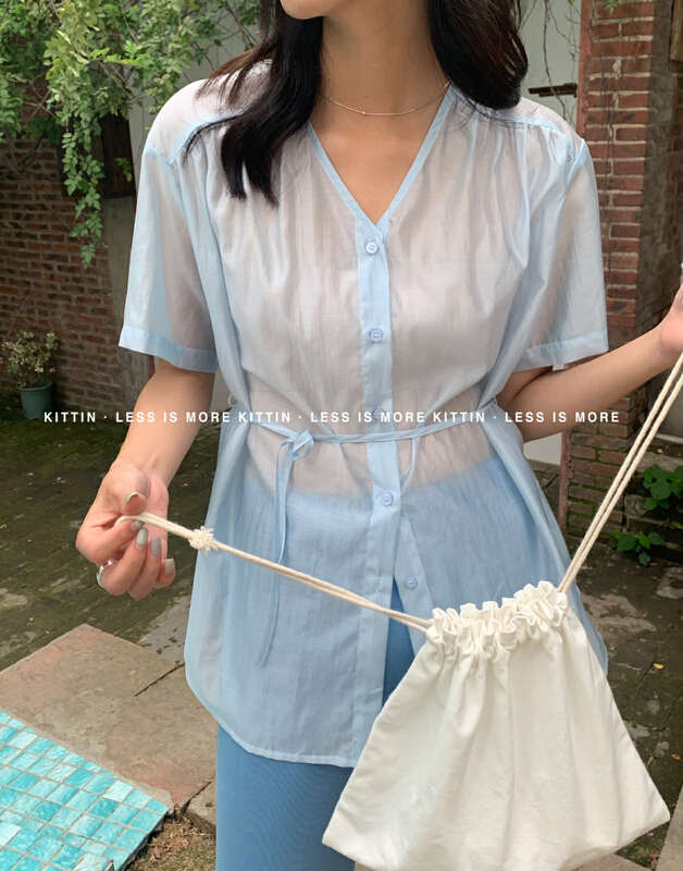 [Kittin] Korean V-neck bandage shirt (with waist rope) 8397\xyy