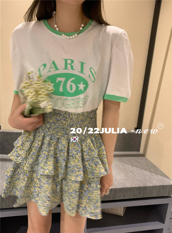 [Julia] contrast round neck printed short sleeve T-shirt 2252\pcz