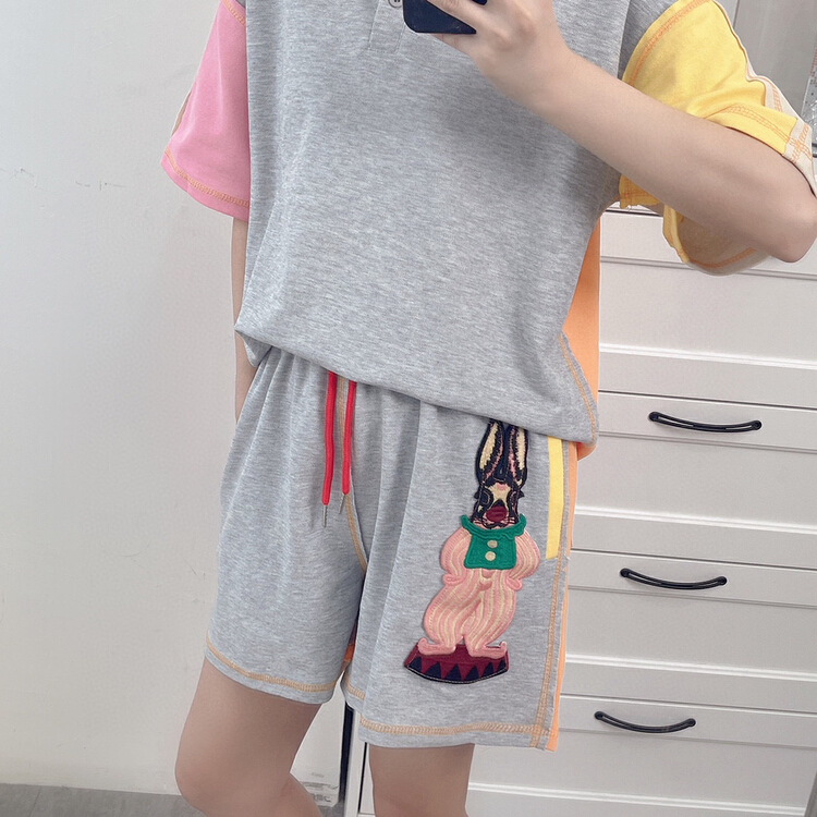 [YT] contrast polo collar short sleeve T-shirt + drawstring rabbit casual Shorts Set tz5294\pcz