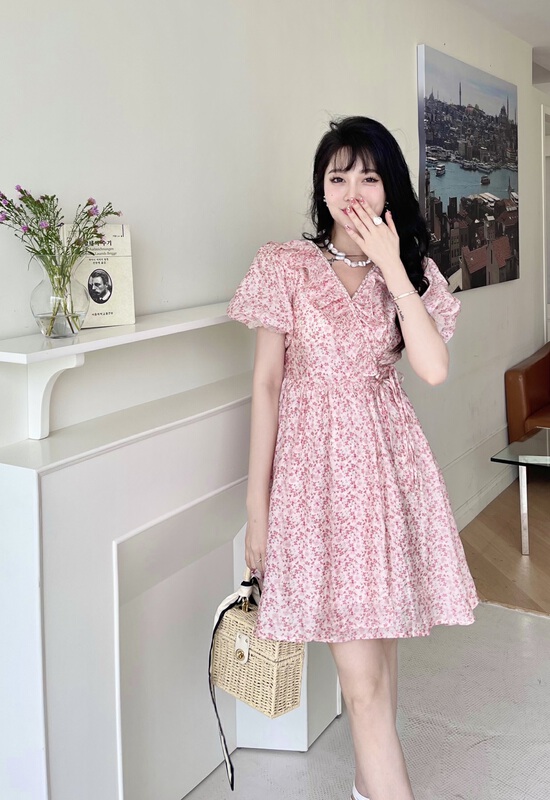 [mi2 (n:aa)] Korean lady V-neck bubble sleeve floral dress e9294\jj