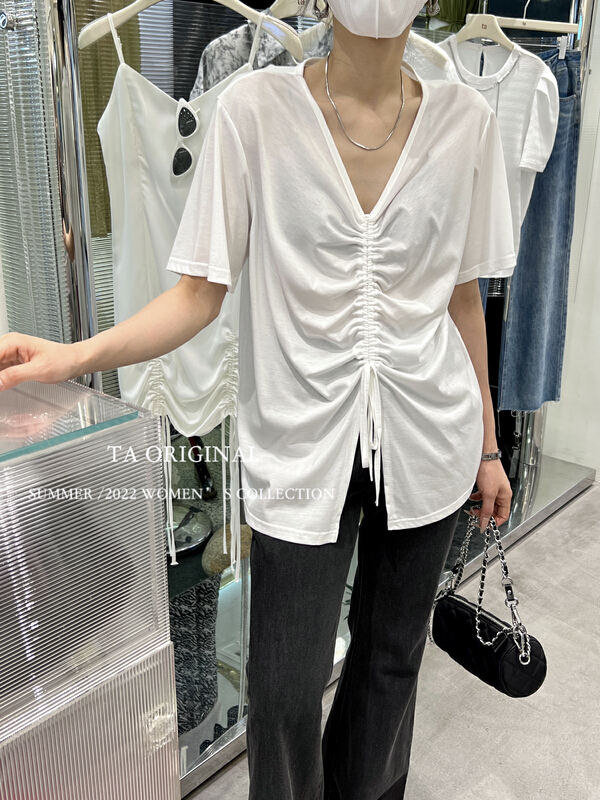[TA] slim drawstring V-neck short sleeve T-shirt 10939\ll