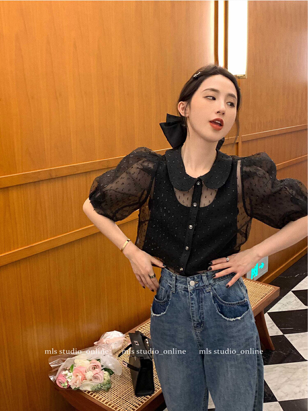 [wgwe] French court retro bubble sleeve shirt + slim and versatile suspender vest set 1949\pcz
