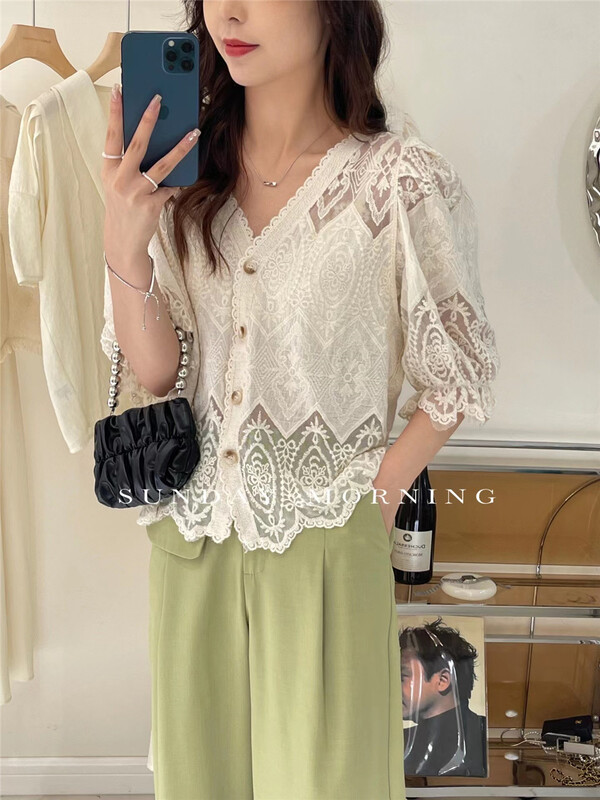 [Sunday morning] short sleeve V-neck button up shirt 9191\zjy